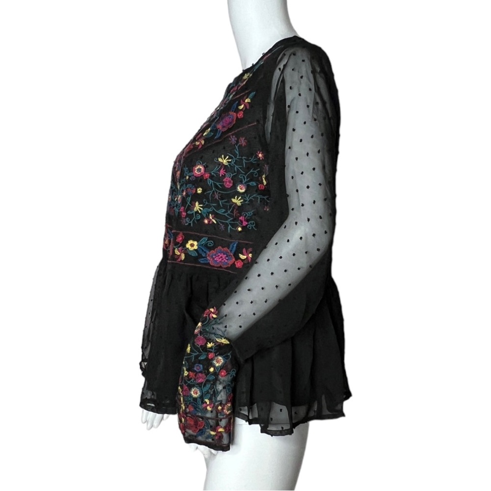 Black Embroidered Peplum Blouse with Sheer Sleeves - Picture 3 of 9